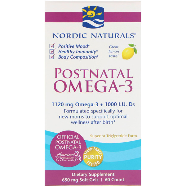 Nordic Naturals, Postnatal Omega-3, лимон, 650 мг, 60 мягких таблеток