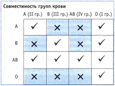 совместимость групп крови для зачатия таблица